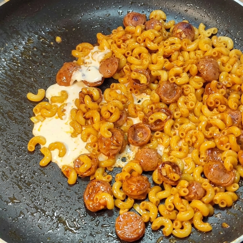 Panna fresca versata in una padella piena di maccheroni e salsiccia affettata.