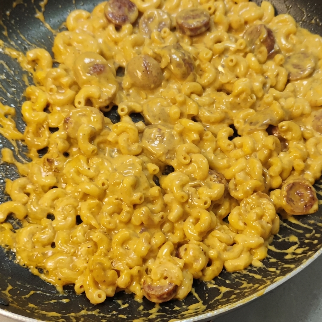 Composto di maccheroni cremosi e salsiccia mescolato in padella mentre la salsa si addensa.