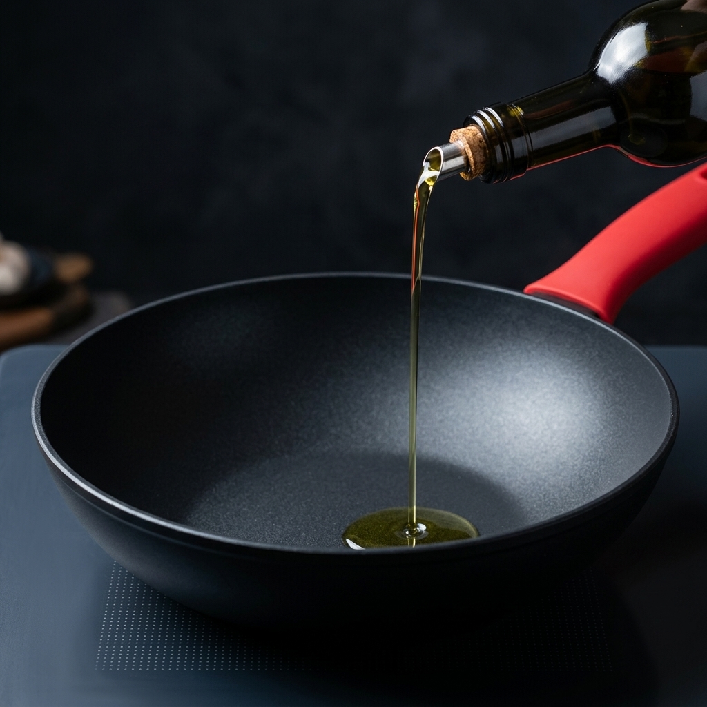 Olio doliva versato in una padella vuota preriscaldata.