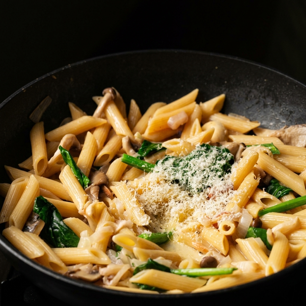 Un generoso mucchio di parmigiano grattugiato e granelli di pepe nero sopra penne cremose ai funghi e spinaci in una padella nera.