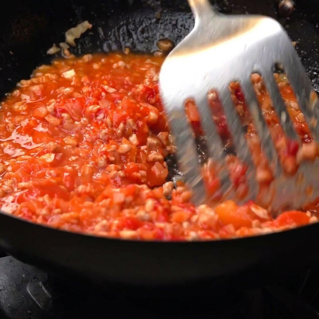 Spatola che schiaccia i pomodori nel sugo che bolle.
