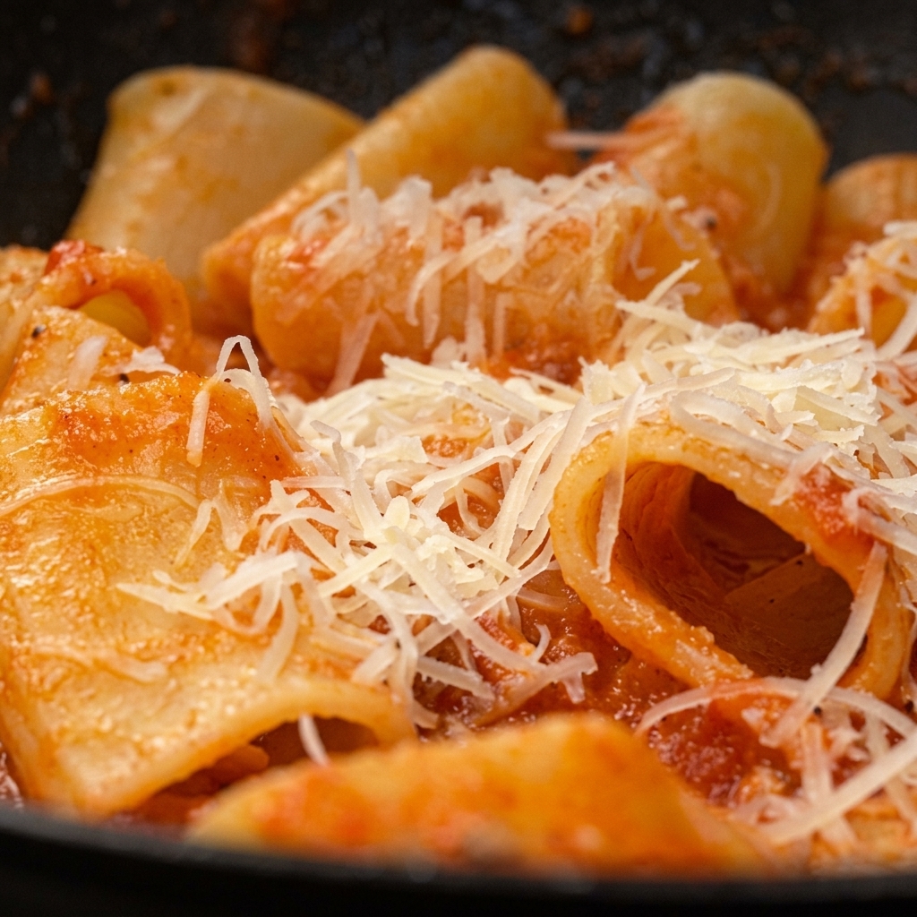 Formaggio grattugiato cosparso sulla pasta in padella.