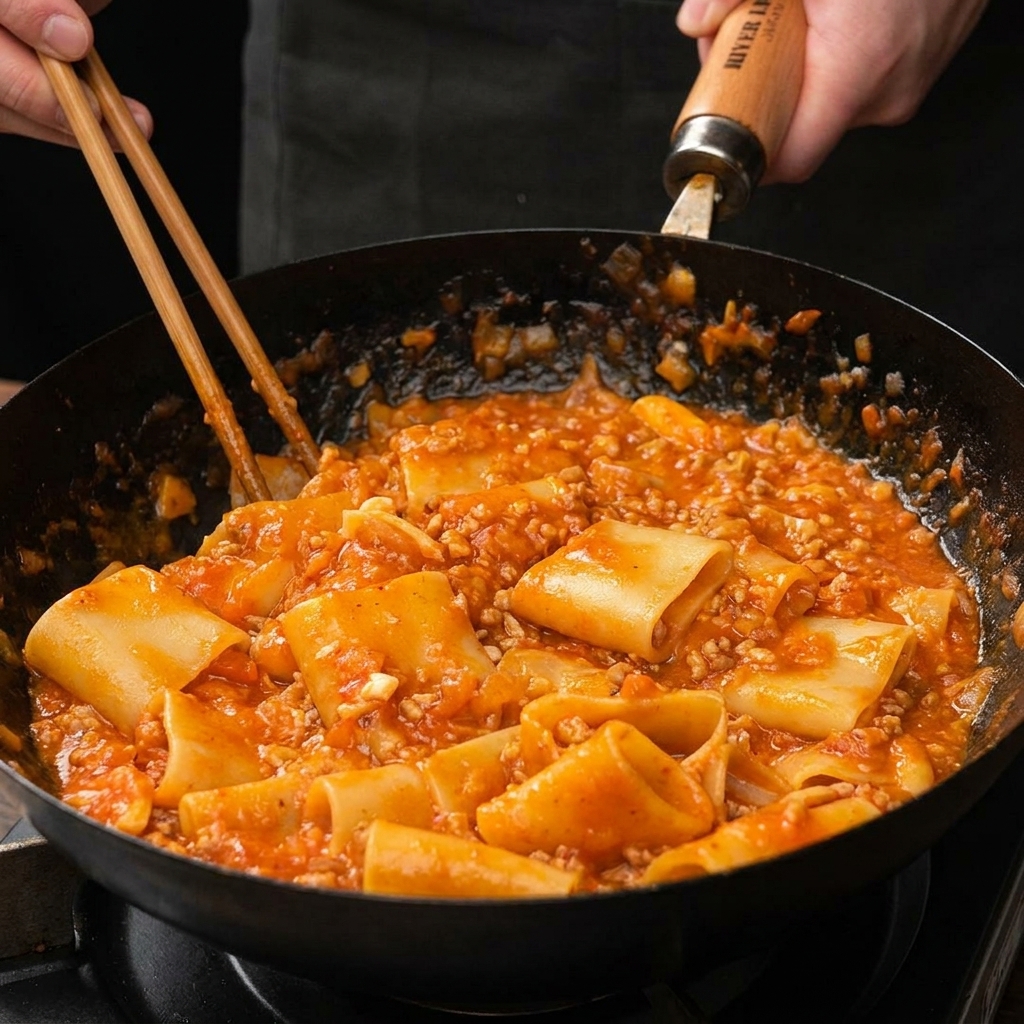 Pasta saltata in padella con pinze da cucina.