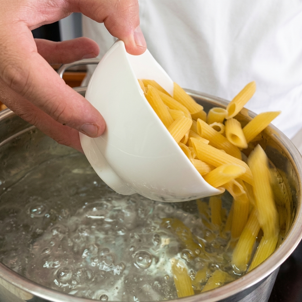 Penne cotte saltate in padella con una salsa cremosa ai funghi e Parmigiano grattugiato.