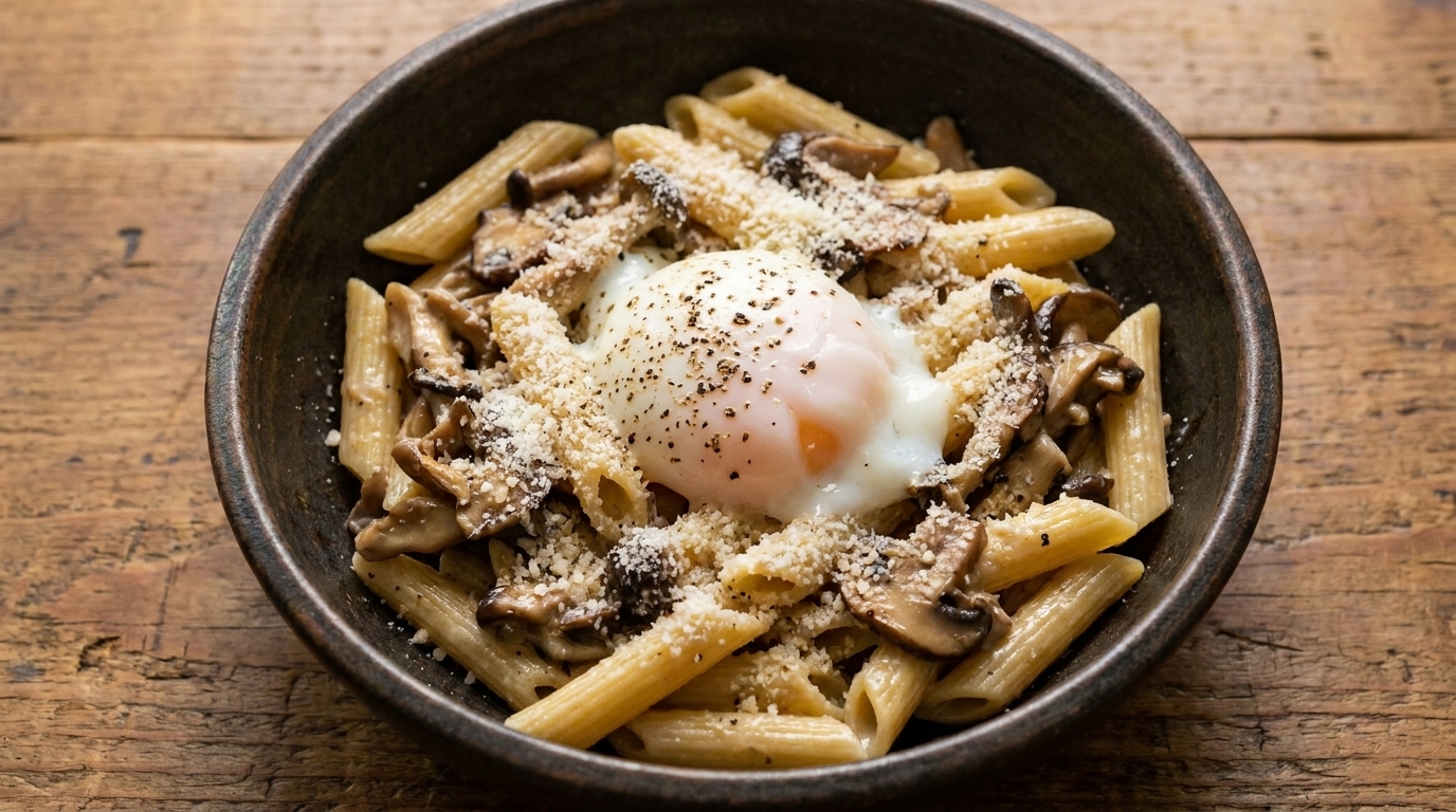 Penne cremose ai funghi con uovo onsen tamago