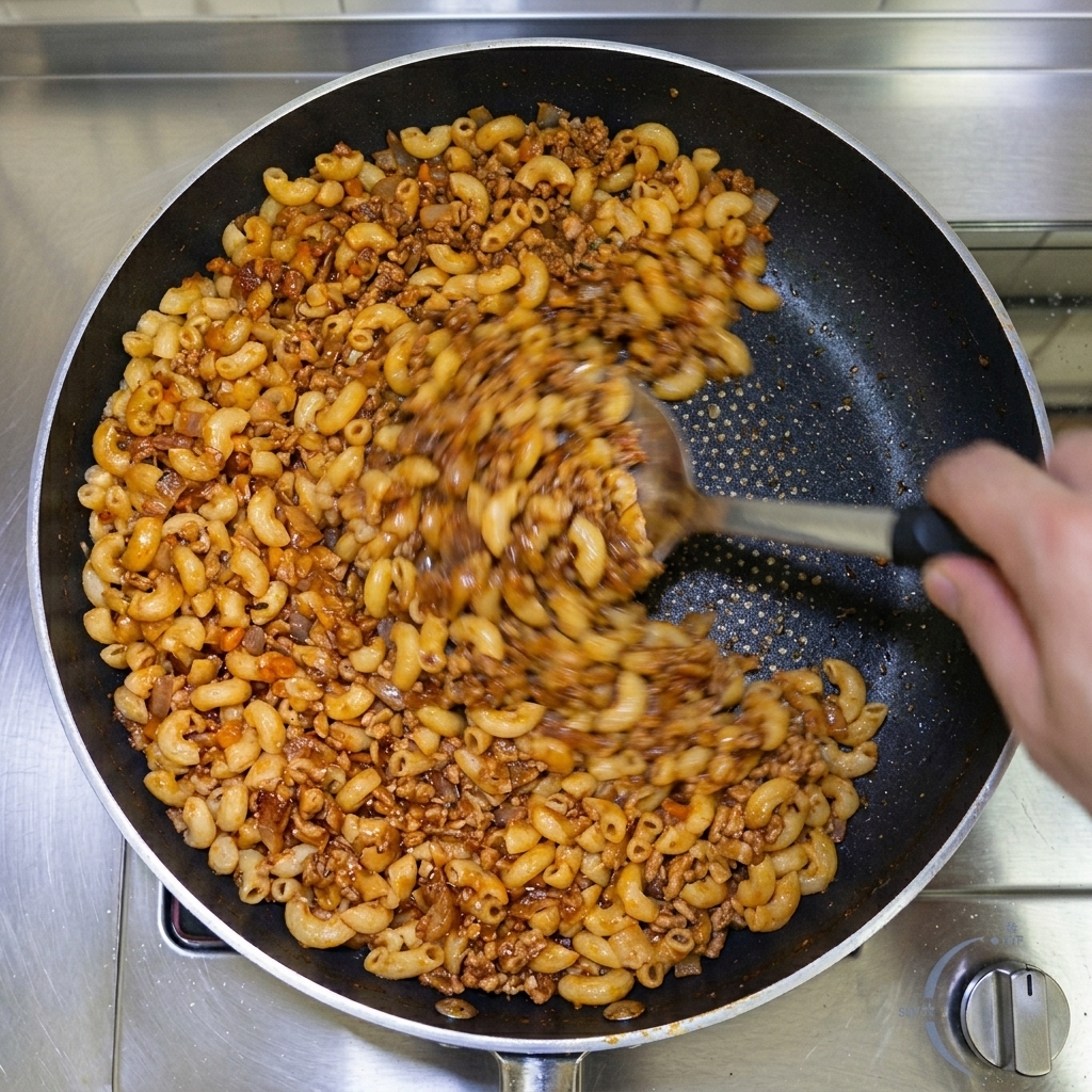 Miscela di maccheroni e verdure cotte saltata in padella e ricoperta di salsa scura al pepe nero.