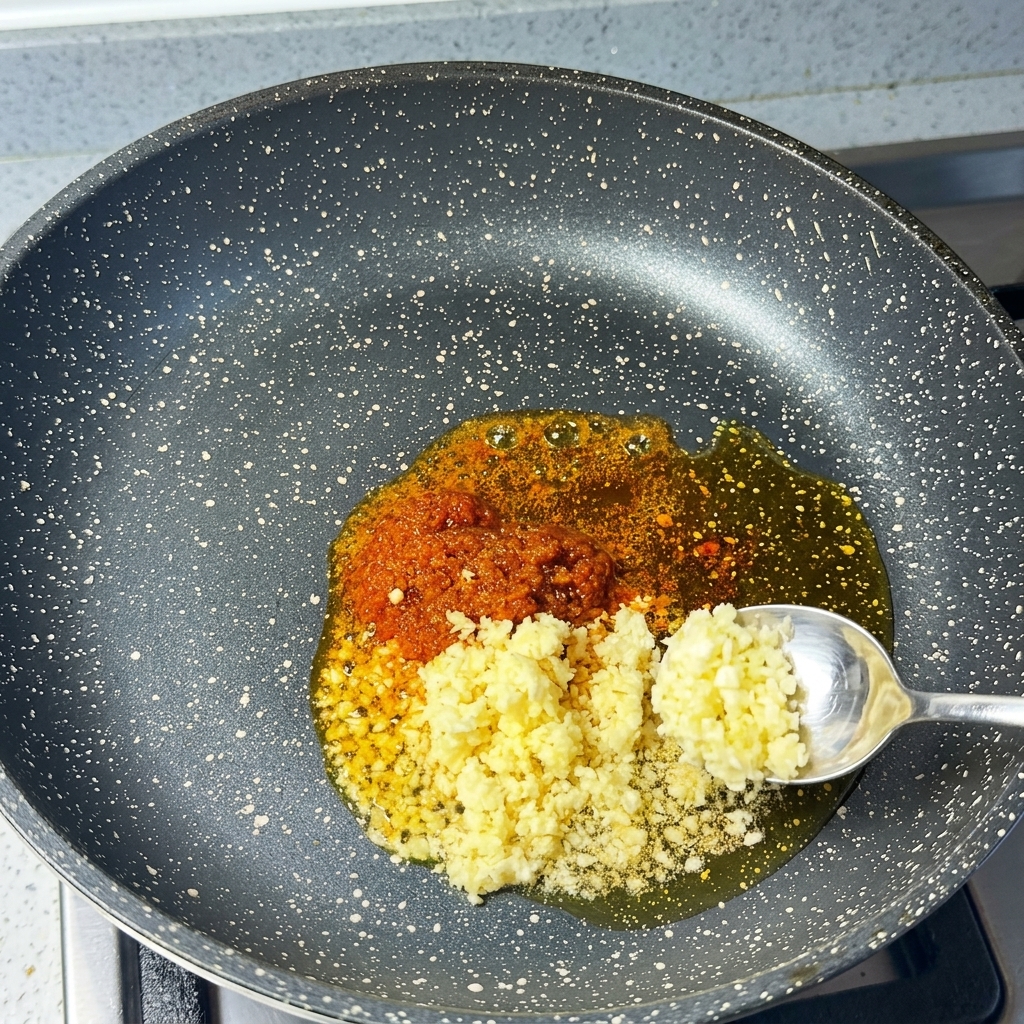 Un cucchiaio di aglio tritato accanto a della pasta di peperoncino rosso che cuoce in olio bollente allinterno di una padella.