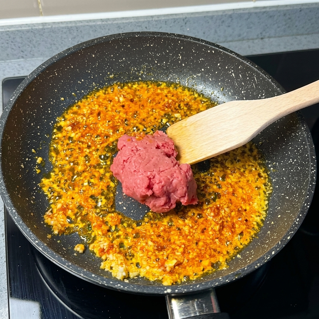 Maiale macinato crudo su una spatola di legno aggiunto a una padella con olio allaglio e peperoncino rosso.