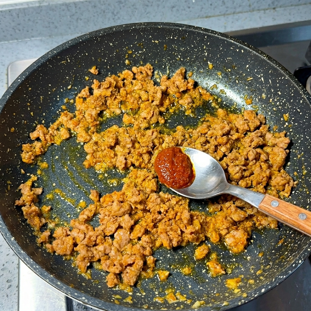 Un cucchiaio di metallo con una noce di pasta di miso rossa sopra il maiale macinato cotto in padella.