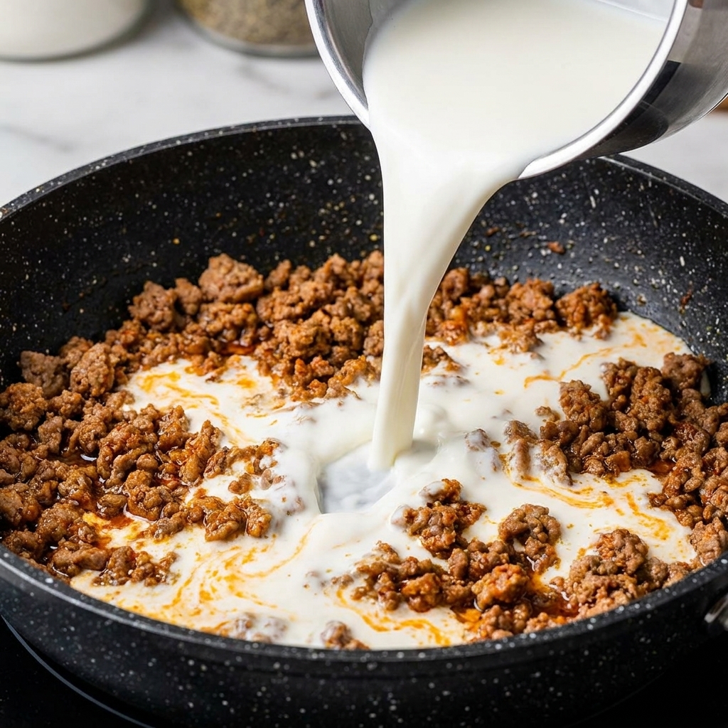 Latte bianco versato da un pentolino argentato in una padella piena di maiale macinato rosolato e condito.