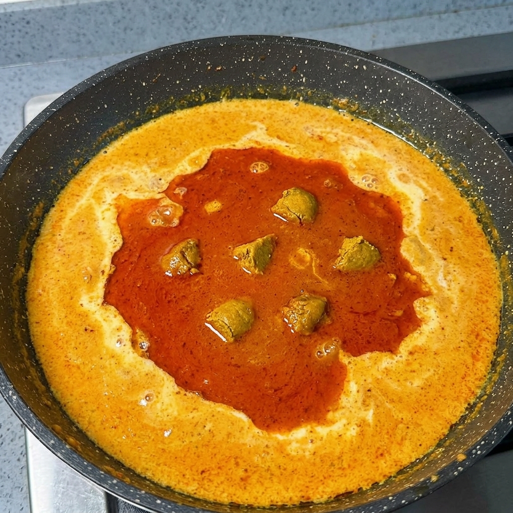 Pezzi di roux al curry giapponese dorato che si sciolgono in un brodo arancione e cremoso in una padella.