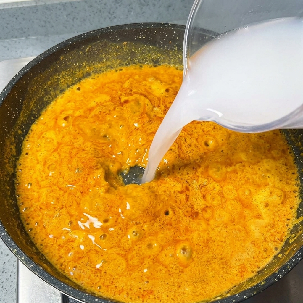 Acqua versata da una caraffa graduata trasparente in una salsa al curry arancione che sobbolle allinterno di una padella antiaderente.