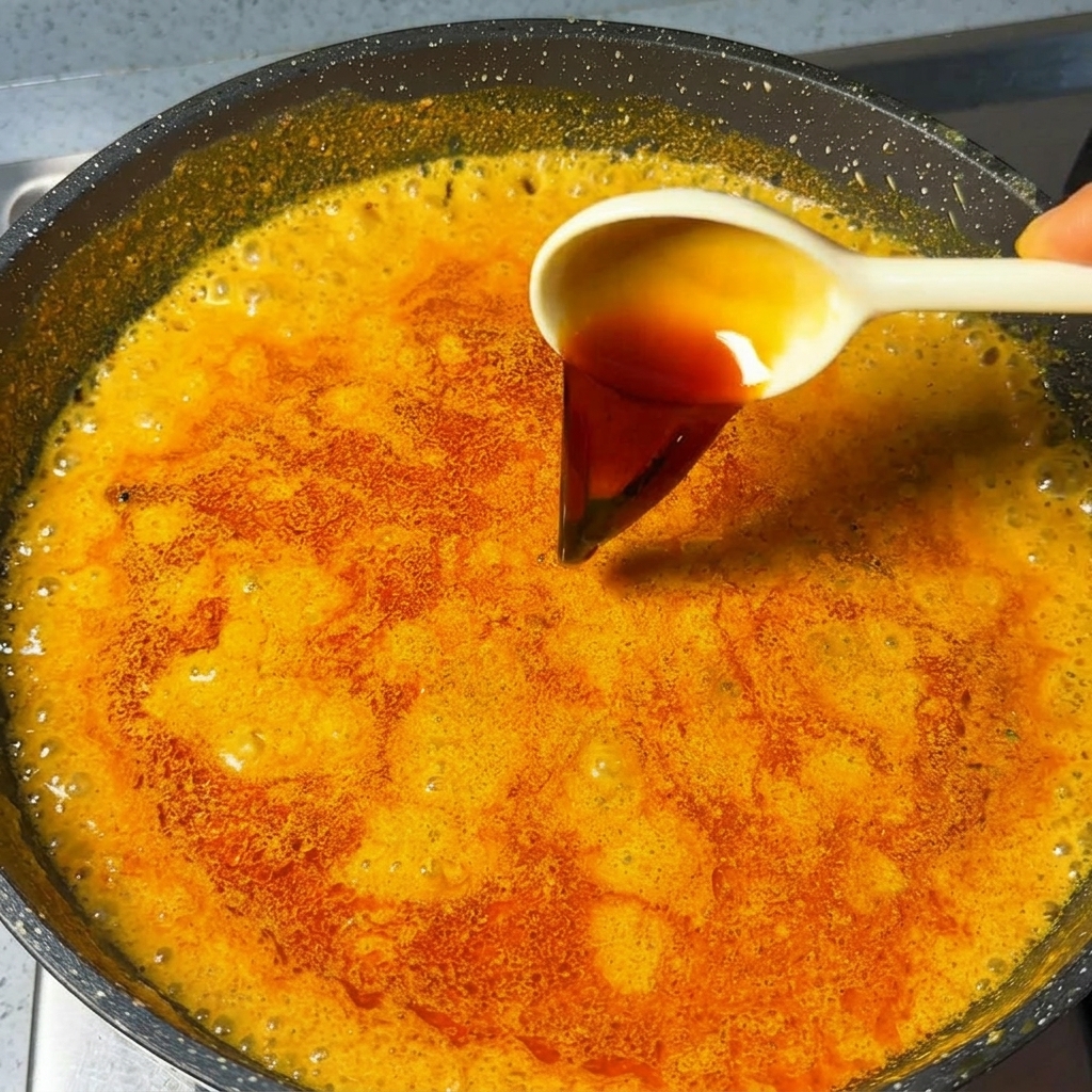 Un cucchiaio bianco che versa salsa di soia scura in un vivace brodo al curry arancione in padella.