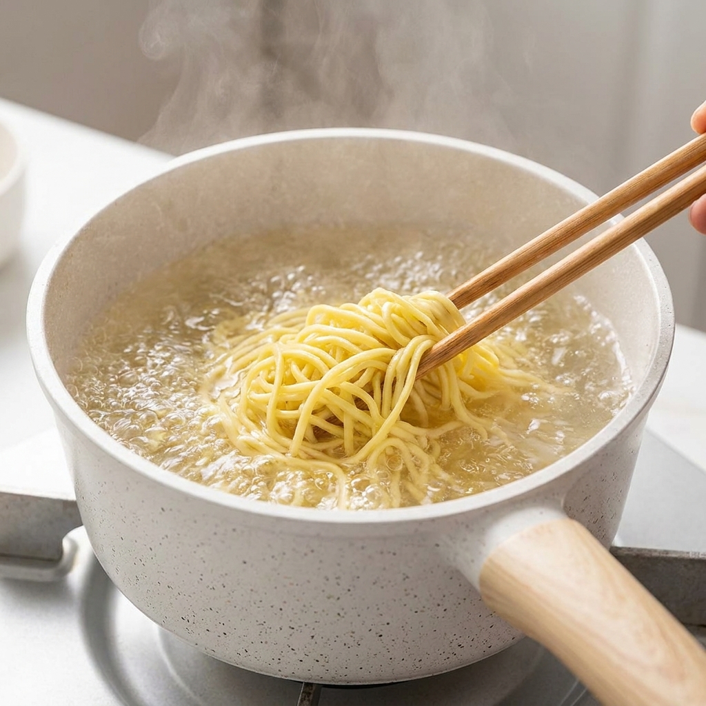 Noodle ramen gialli sollevati con bacchette di legno mentre bollono in una pentola di ceramica bianca piena dacqua calda.