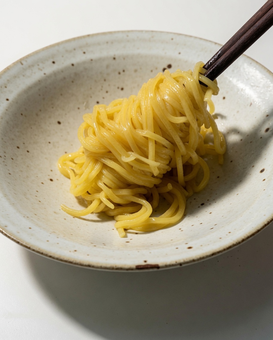 Noodle ramen gialli cotti sollevati e sistemati in una ciotola di ceramica maculata con delle bacchette scure.