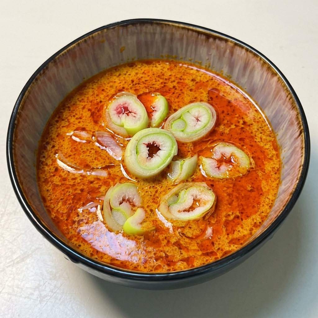 Una ciotola di ceramica riempita con una vivace salsa al curry arancione-marrone, sormontata da un mucchietto di cipollotti appena affettati.