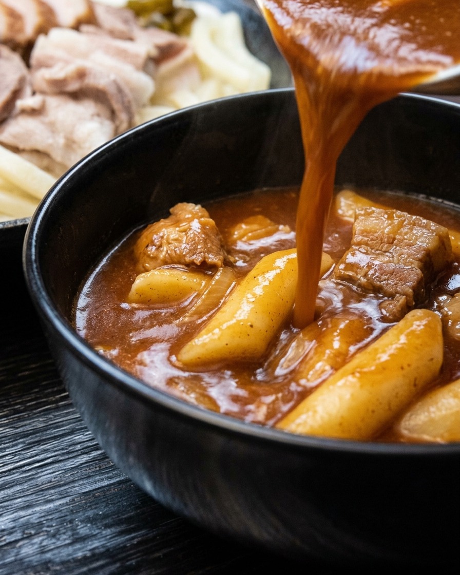 Salsa al curry calda da intingere che viene versata in una ciotola di portata nera.