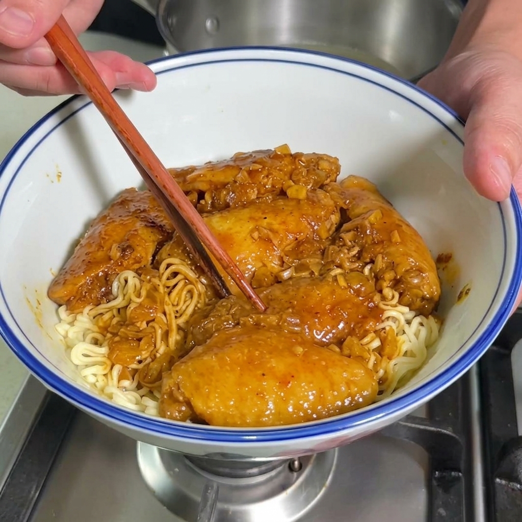Primo piano di ali di pollo che cuociono in una salsa al curry ricca e densa allinterno di una pentola, con le bacchette che mescolano il composto.