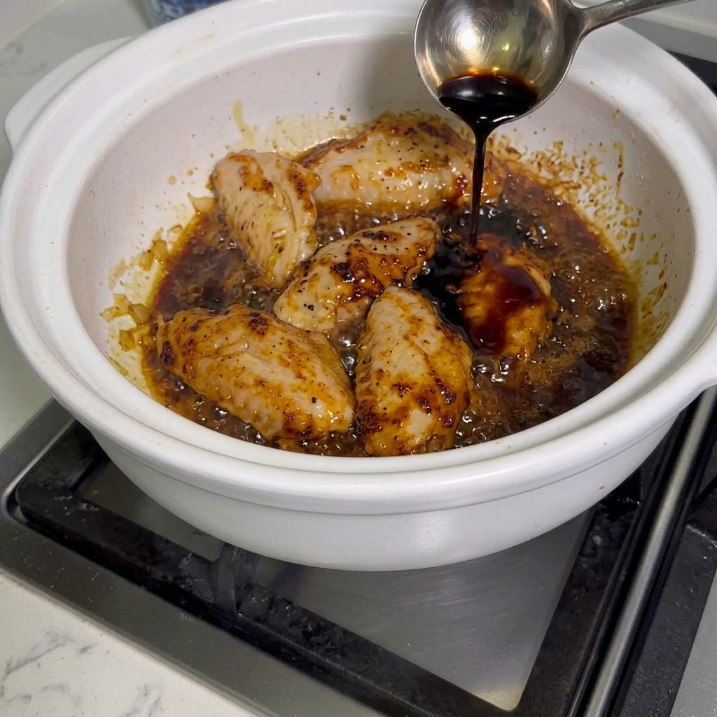 Salsa di soia versata nella pentola con le ali di pollo.