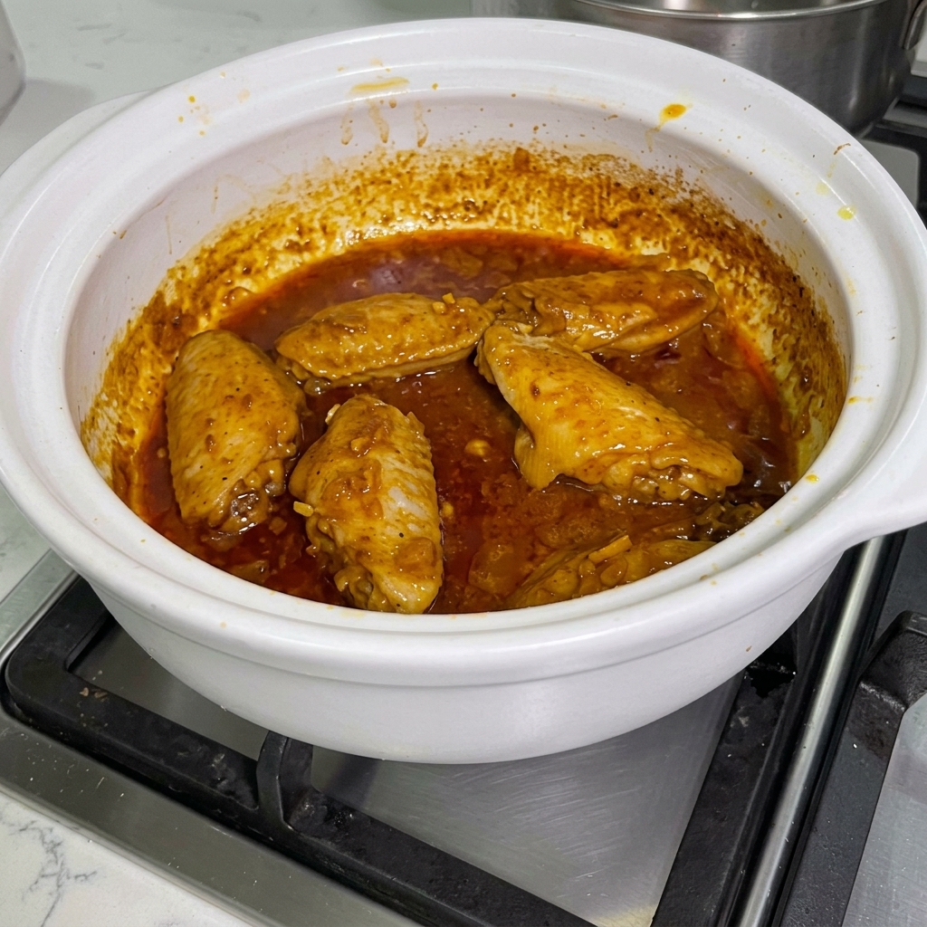 Salsa satay mescolata alle ali di pollo ricoperte di curry nella pentola.
