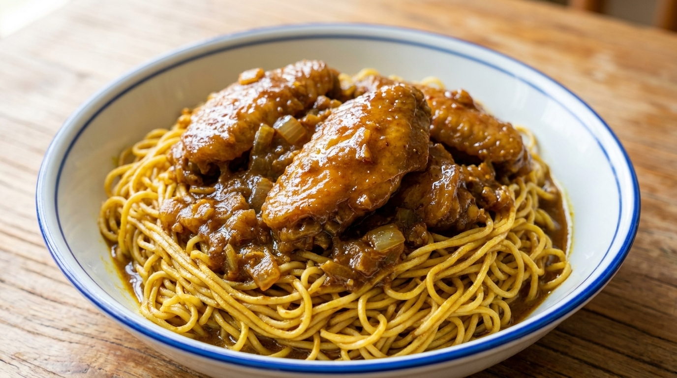Lo Mein con Ali di Pollo al Curry in stile Macao