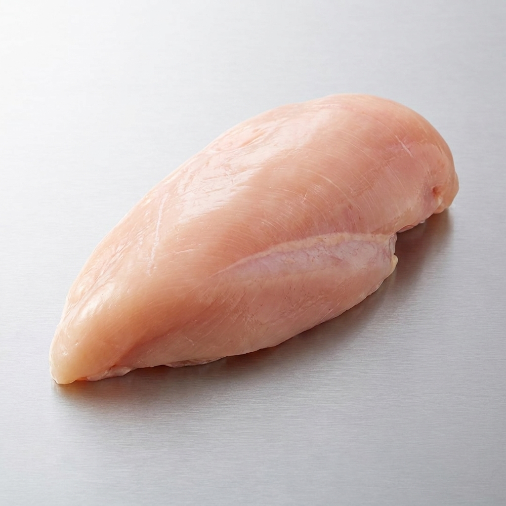 Un petto di pollo crudo su una superficie metallica, condito con granelli di pepe nero e pasta daglio.