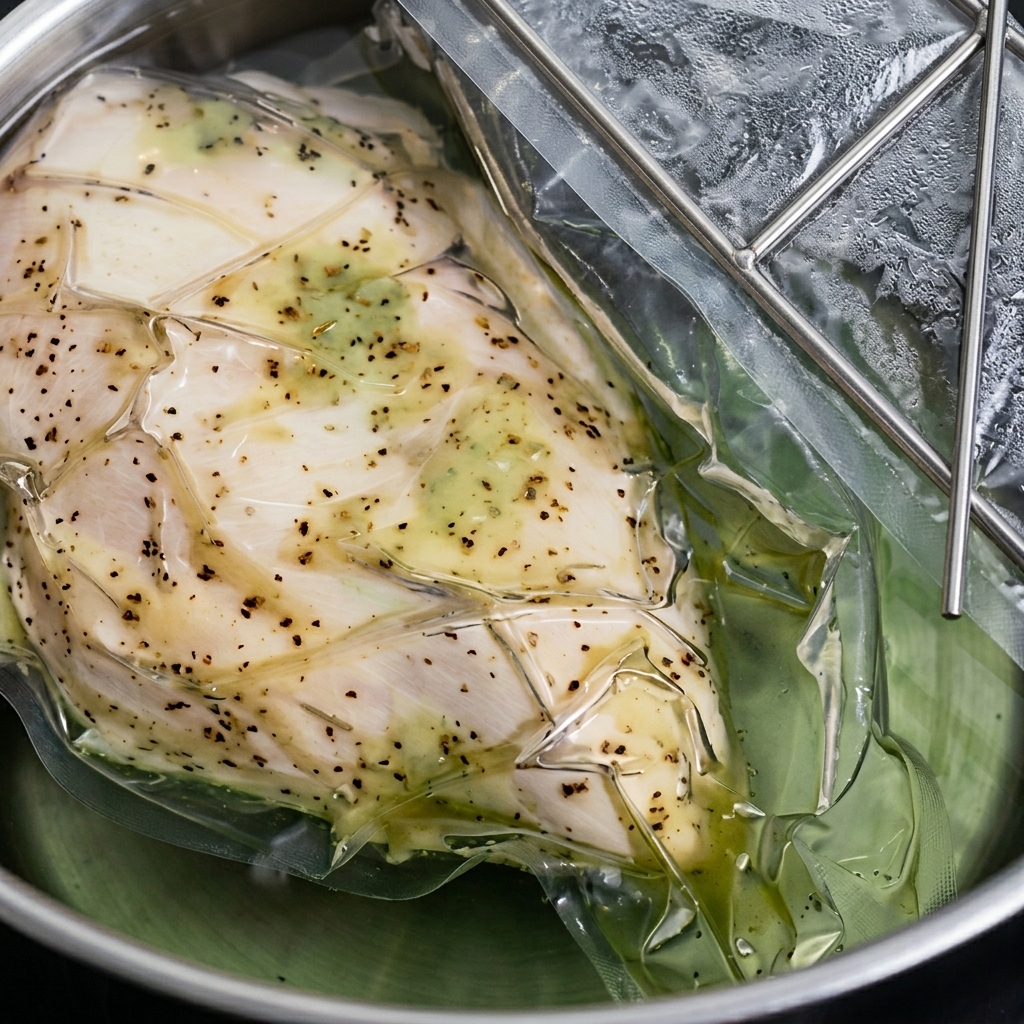 Una grande pentola piena di brodo di pollo in ebollizione con parti di pollo intero e aromi.