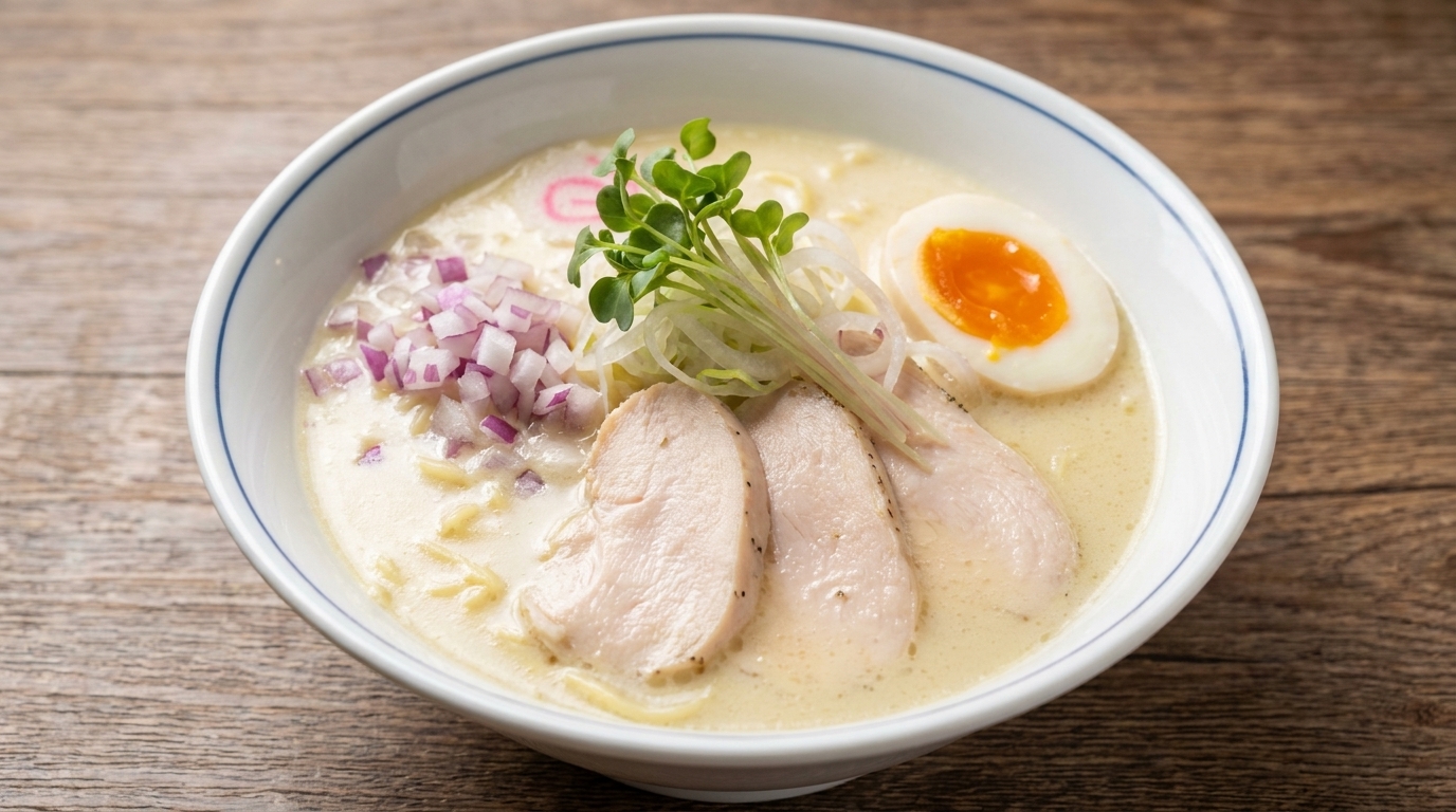 Una fumante ciotola di ramen Chicken Paitan cremoso guarnito con tenero petto di pollo sous-vide, microgreens freschi e un uovo barzotto.