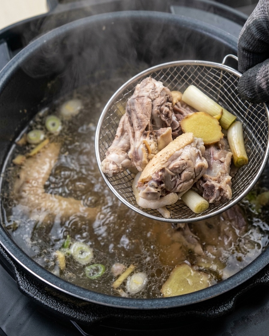Una schiumarola che solleva le parti di pollo sbollentate sopra una pentola di acqua bollente