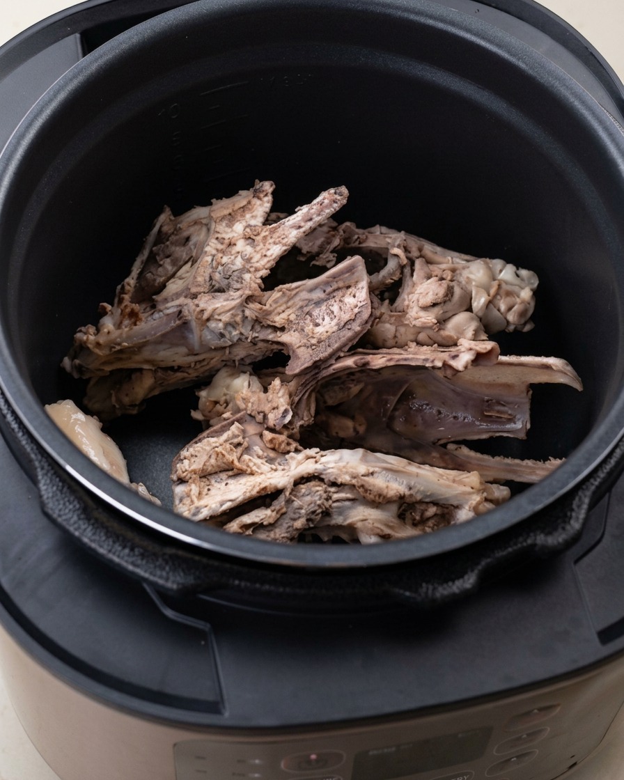 Ossa di pollo e aromi come cipolla e zenzero allinterno della pentola a pressione