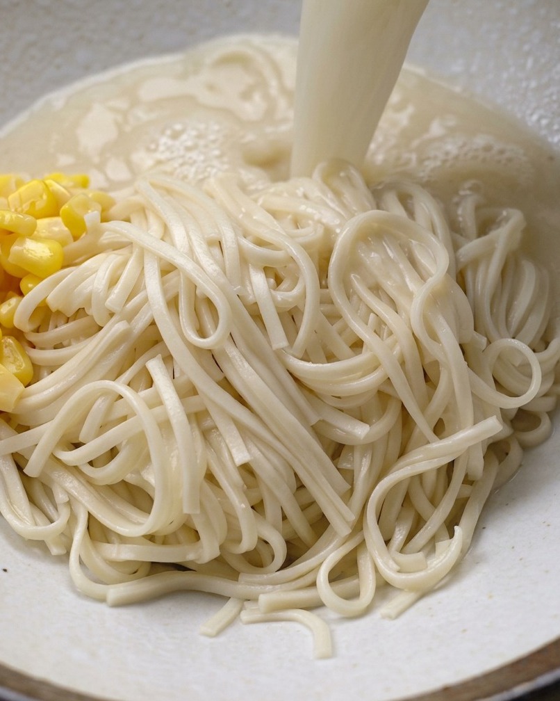 Brodo di pollo cremoso versato su una ciotola di ramen cotto guarnito con mais dolce