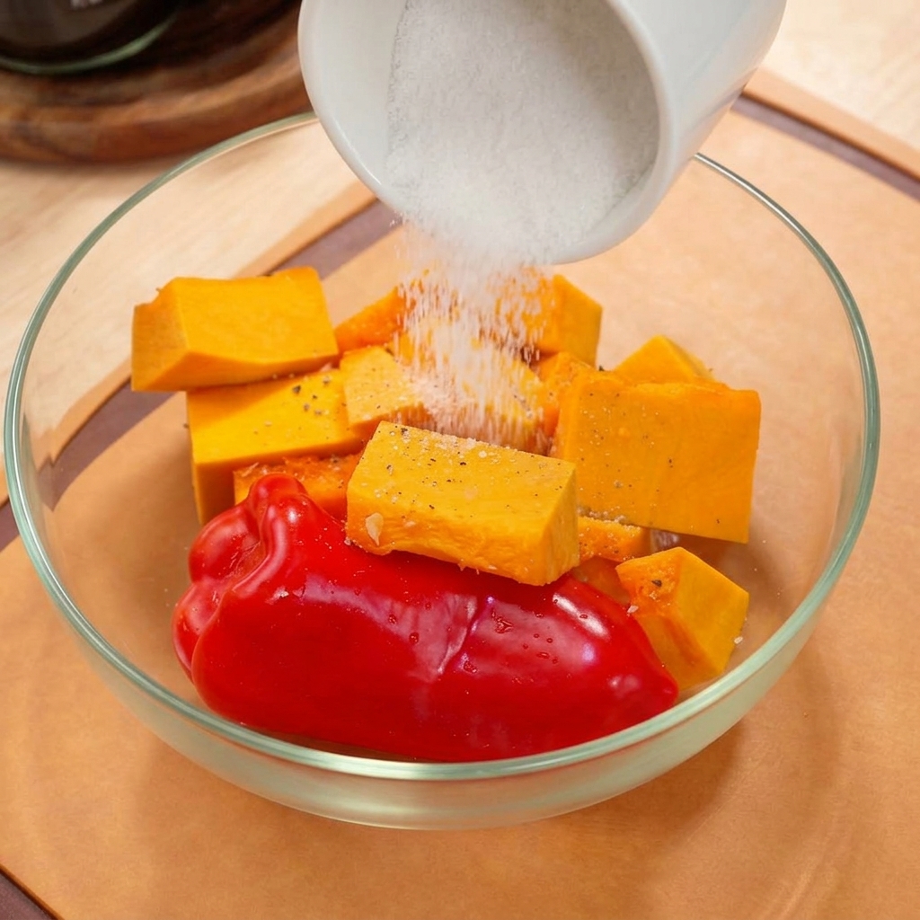 Cubetti di zucca e un peperone rosso intero in una ciotola di vetro, conditi con olio doliva.