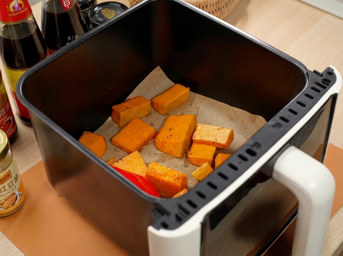 Zucca a cubetti e peperone conditi disposti nel cestello della friggitrice ad aria.