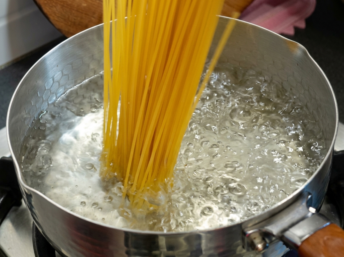 Lunghi spaghetti immersi in una pentola di acqua bollente.
