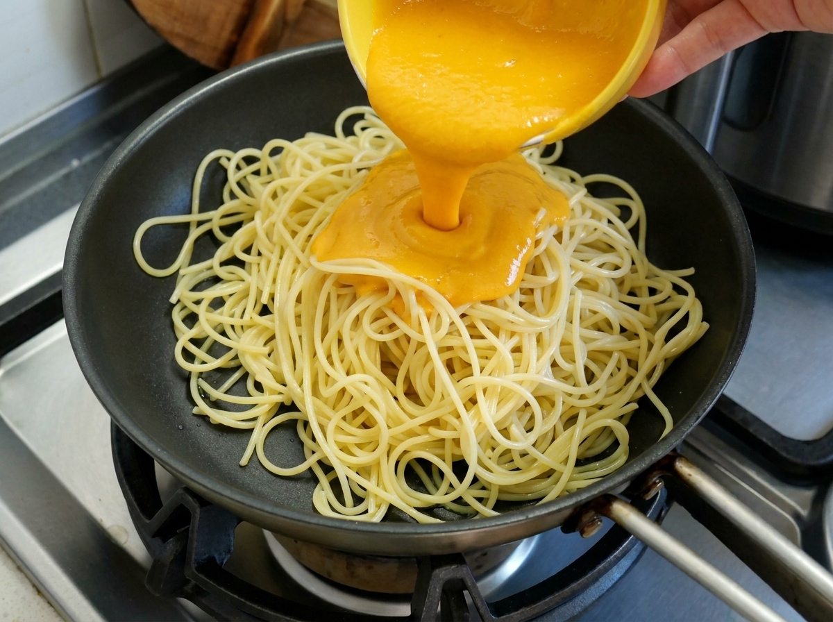Crema di zucca arancione brillante versata su spaghetti cotti in padella.