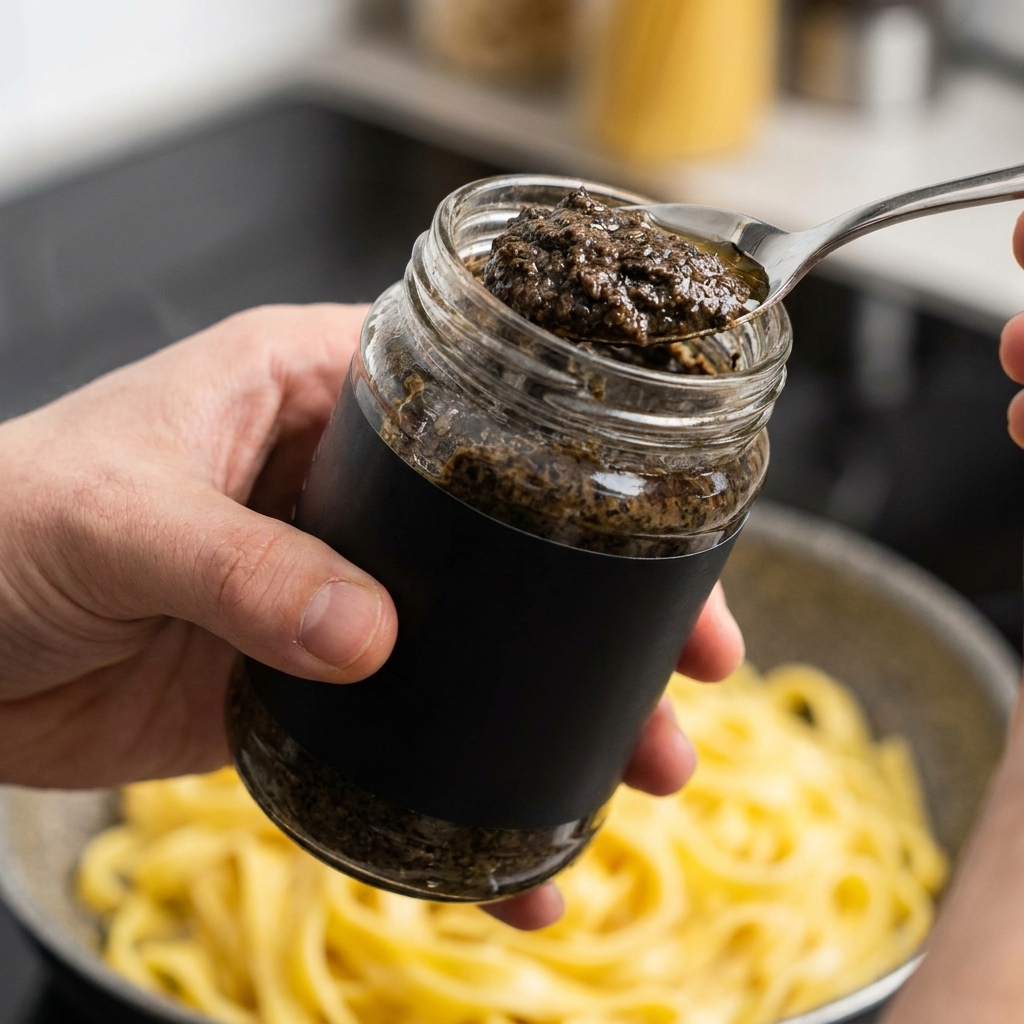 Un cucchiaio di salsa al tartufo nero aggiunto a una padella di pasta cremosa alla zucca.