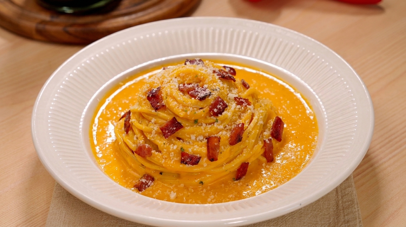 Un piatto di spaghetti cremosi alla zucca, guarniti con bacon croccante, formaggio grattugiato e prezzemolo fresco.