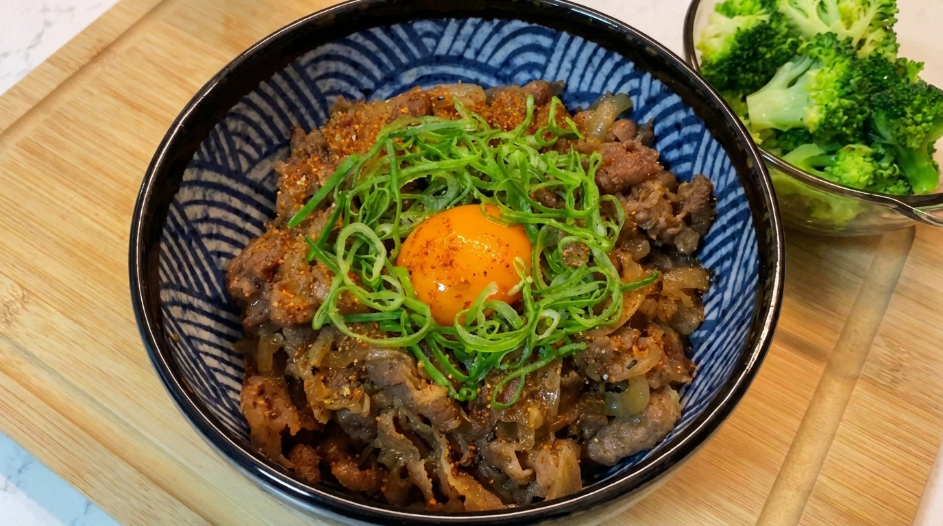Una ciotola di autentico Gyudon, guarnita con un tuorlo duovo crudo, cipollotti freschi e spezie Shichimi, servita con un contorno di broccoli al vapore.