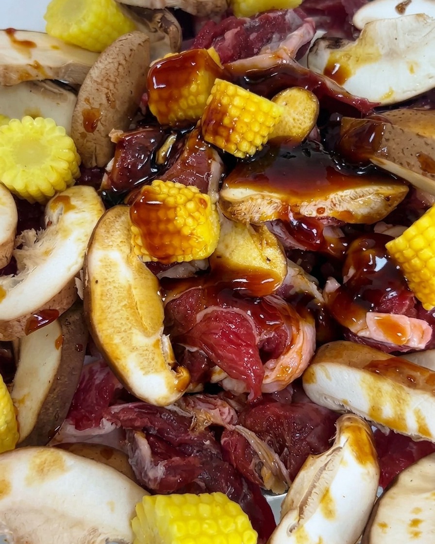 Sale, zucchero, pepe nero e aglio tritato sparsi sul manzo marinato e sulle verdure.