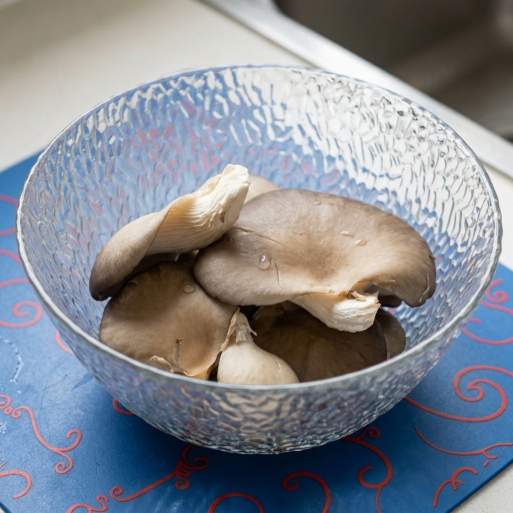 Funghi pleurotus freschi in una ciotola di vetro trasparente, bagnati dopo essere stati lavati con una miscela di acqua e amido.