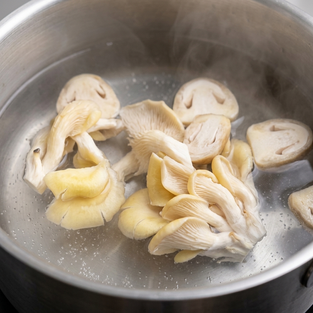 Funghi freschi che bollono in una pentola piena dacqua.