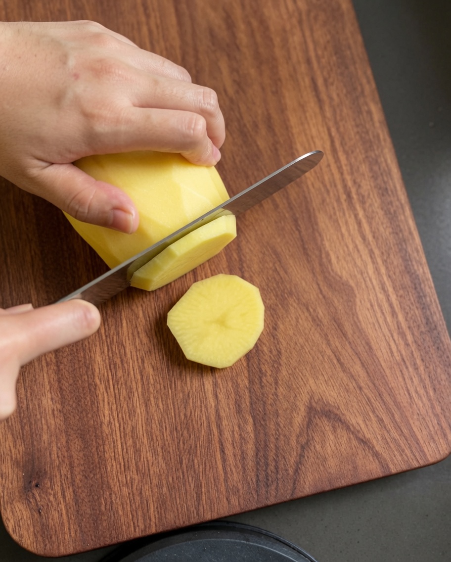 Fette rotonde sottili di patata cruda su un tagliere di legno.