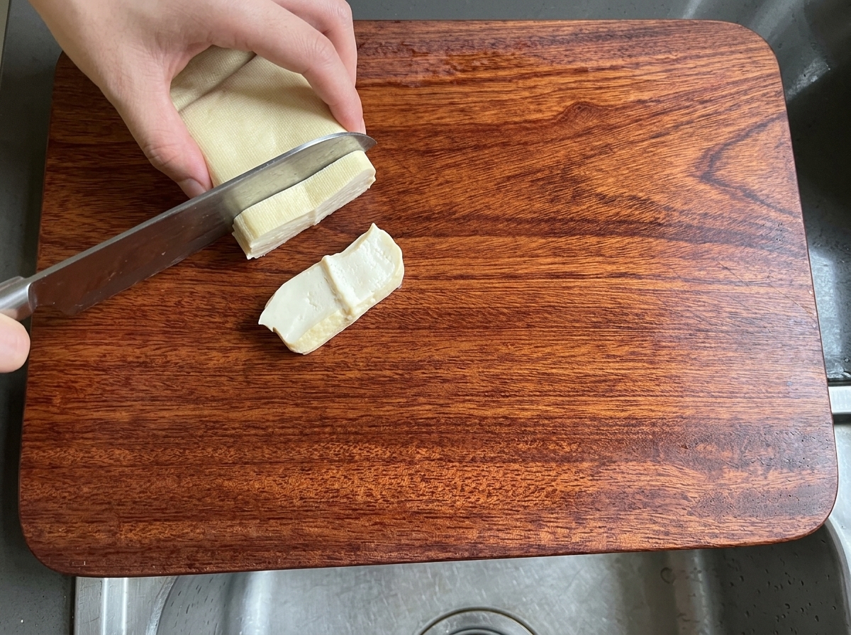 Un blocco di tofu bianco compatto tagliato a strisce su un tagliere di legno.