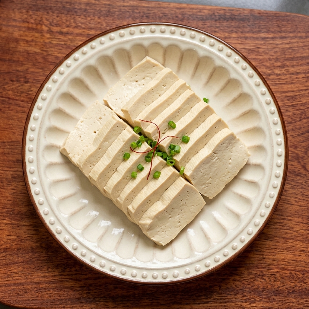Strisce di tofu compatto disposte ordinatamente su un piatto in ceramica bianca, pronte per la griglia.