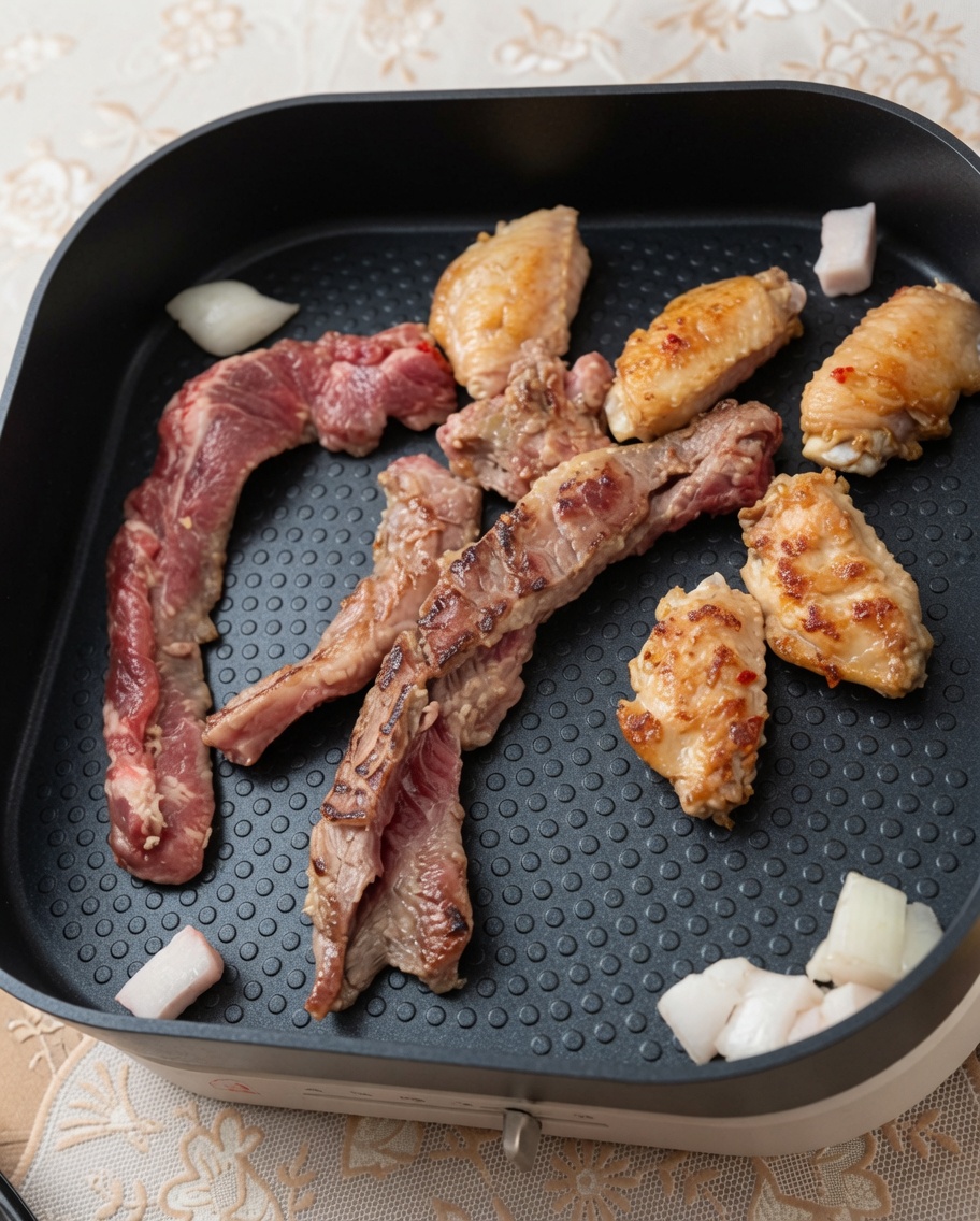 Strisce di bistecca marinata e alette di pollo che cuociono su una griglia elettrica quadrata antiaderente.