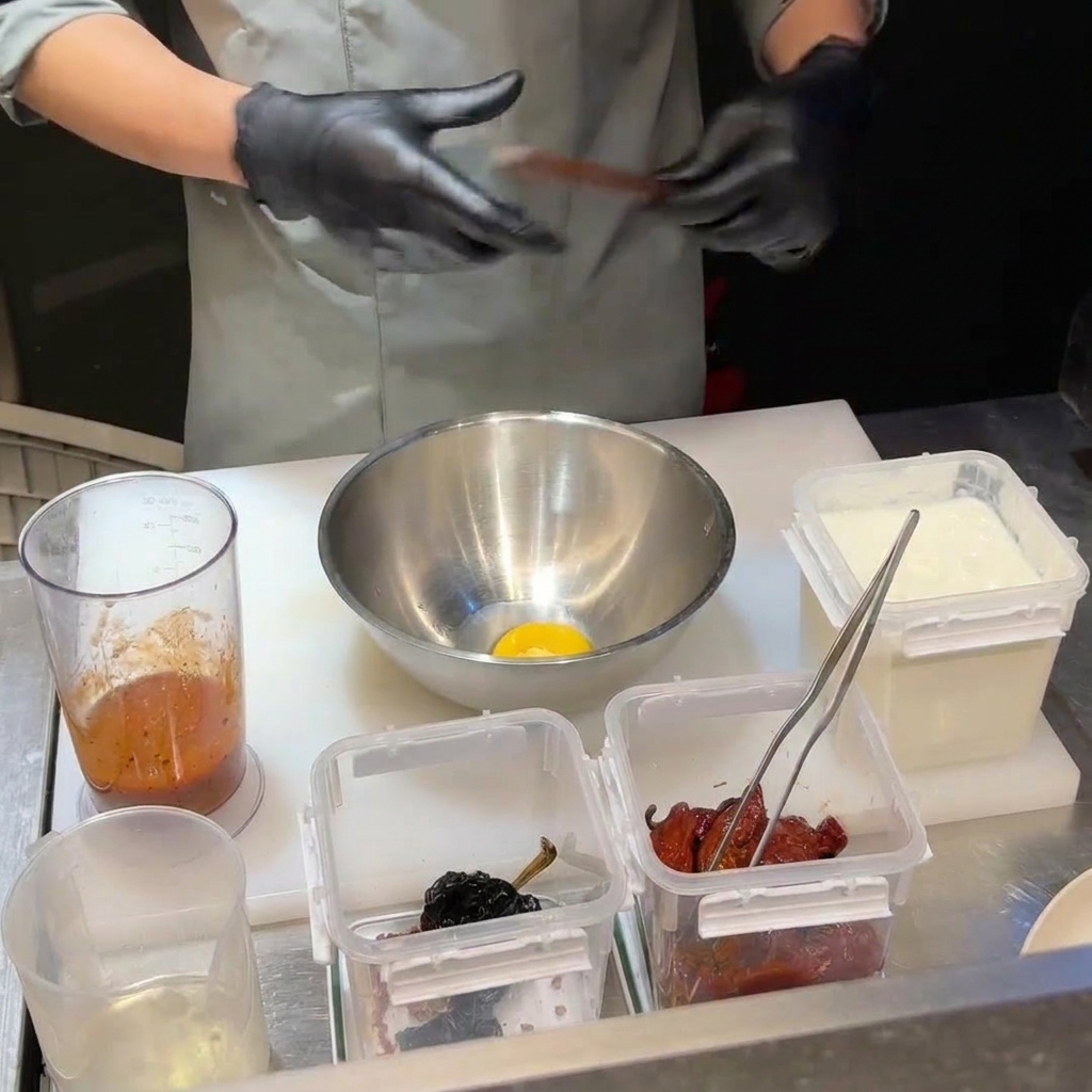 Emulsione di tuorlo duovo, parmigiano e base di peperoncino con olio in una ciotola di acciaio inossidabile.