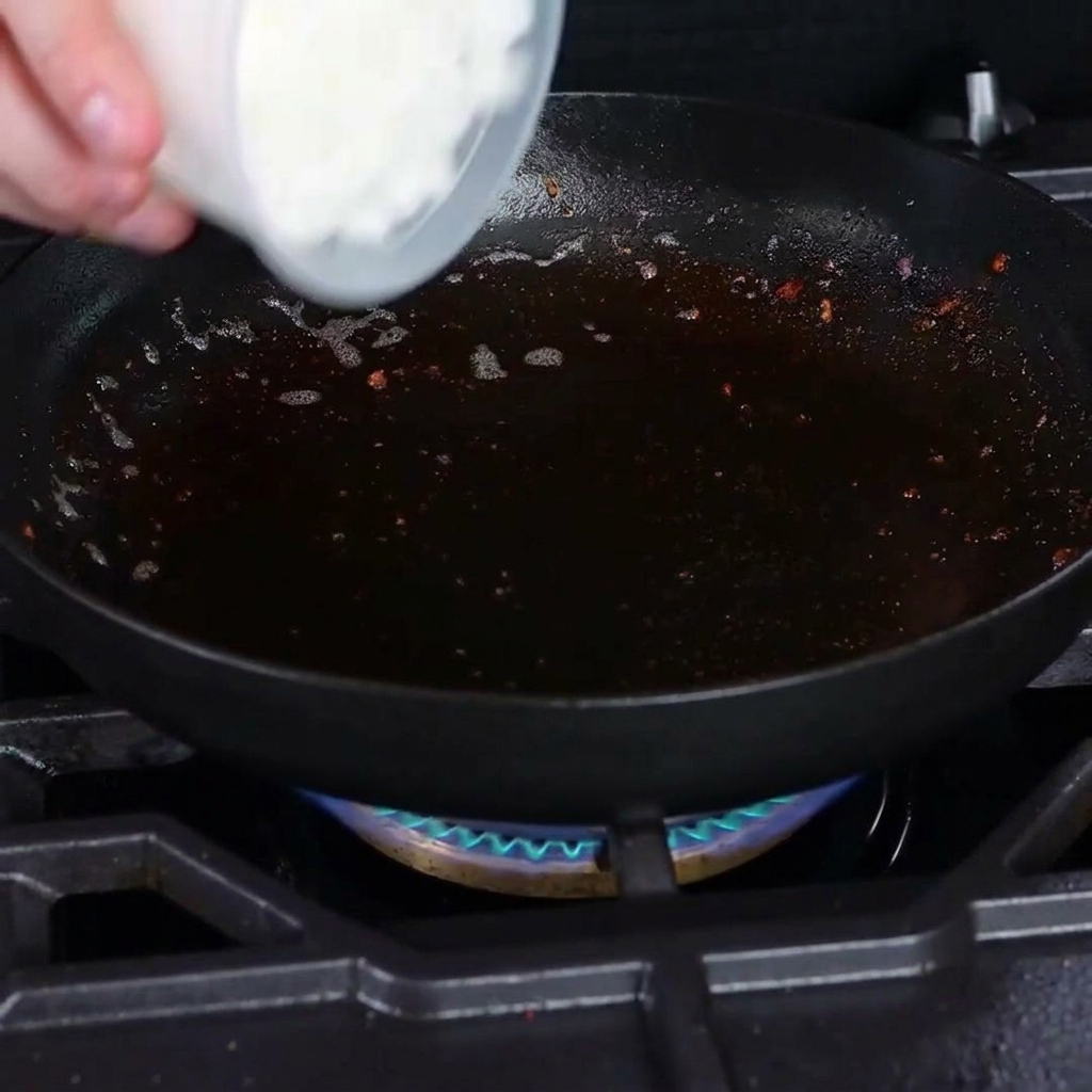 Cipolle bianche a cubetti che soffriggono in una padella di ghisa.