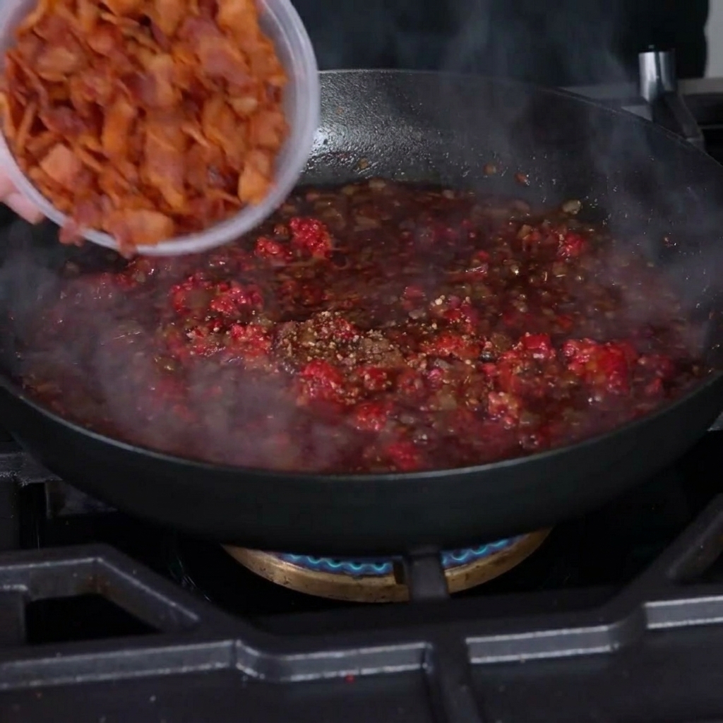 Pezzetti di bacon mescolati nella riduzione di cipolle e lamponi che sobbolle.