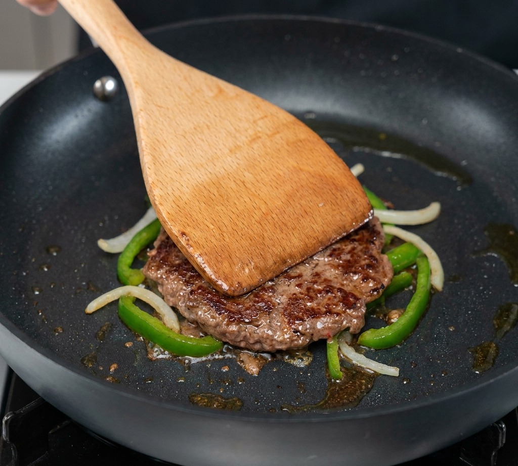 Una fetta di formaggio cheddar appoggiata sopra un medaglione di manzo ricoperto di jalapeño e cipolle.
