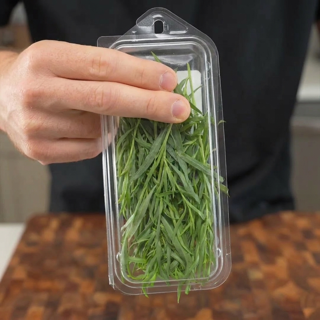 Erbe aromatiche verdi fresche vengono tritate finemente con un coltello da chef affilato su un tagliere di legno.